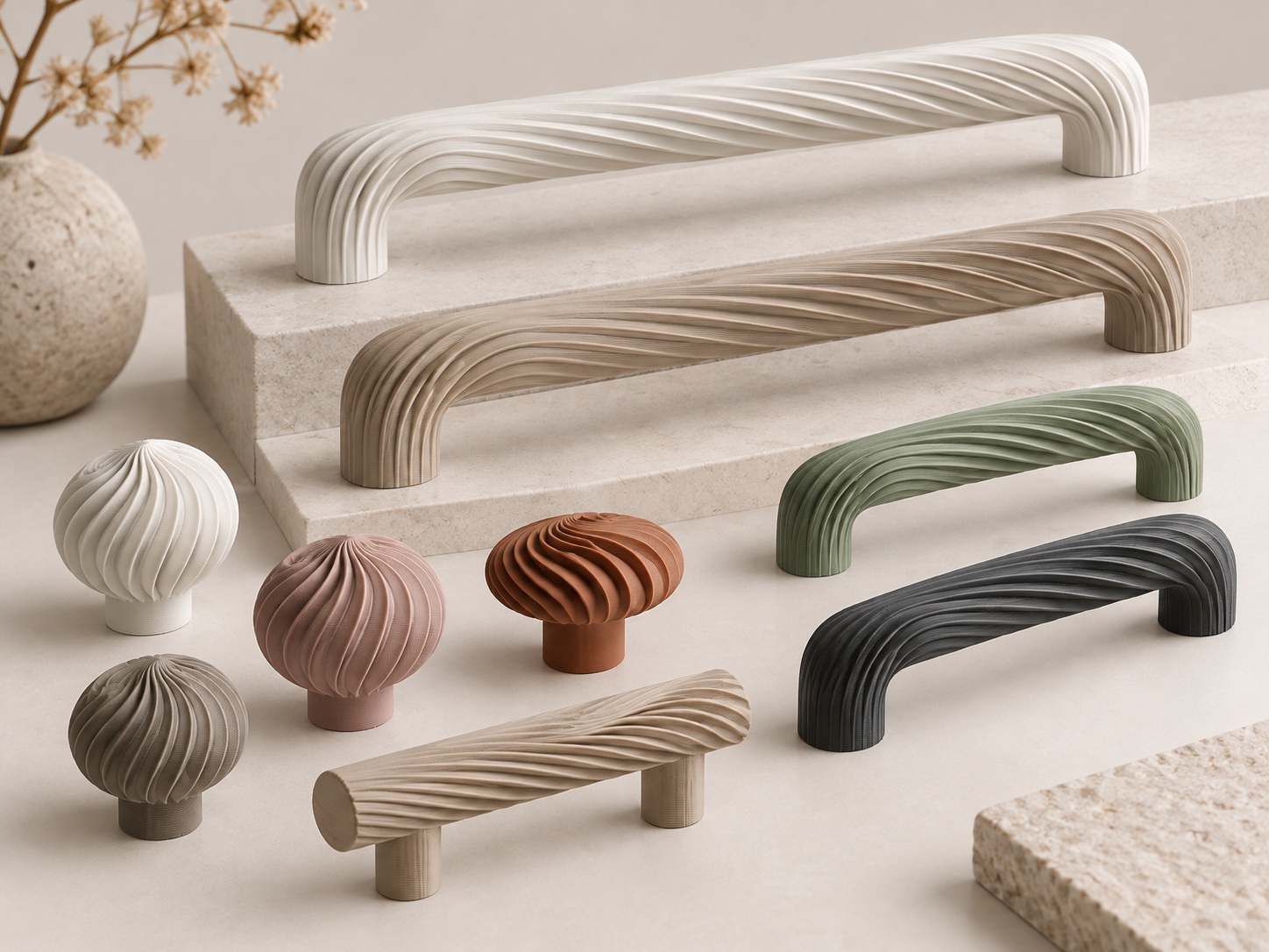 Geschwungene geriffelte Griffe und Knäufe in Creme, Sand, Salbei, Rosé und Graphit