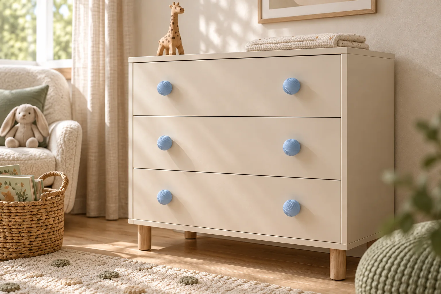 Cremefarbene Kommode mit sechs Wirbel-Knäufen in Babyblau